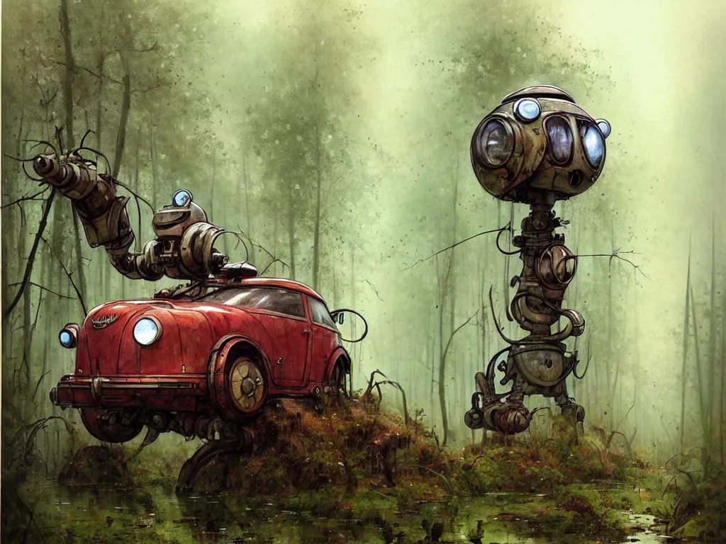 Image similar to adventurer ( ( ( ( ( 1 9 5 0 s retro future robot vehical in the forrest. muted colors. swamps ) ) ) ) ) by jean baptiste monge!!!!!!!!!!!!!!!!!!!!!!!!! chrome red