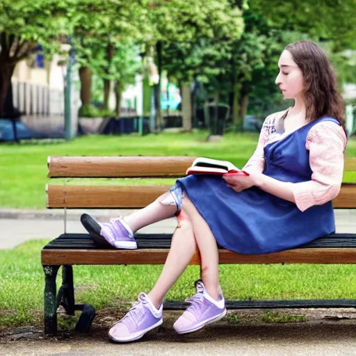 Prompt: A young woman, no older than twenty, sits on a bench in a busy park. She\'s wearing a summer dress and a light jacket, despite the fact that it\'s a warm day. She\'s clutching a small book close to her chest, and her eyes are closed, as if she\'s lost in thought. by Makoto Shinkai