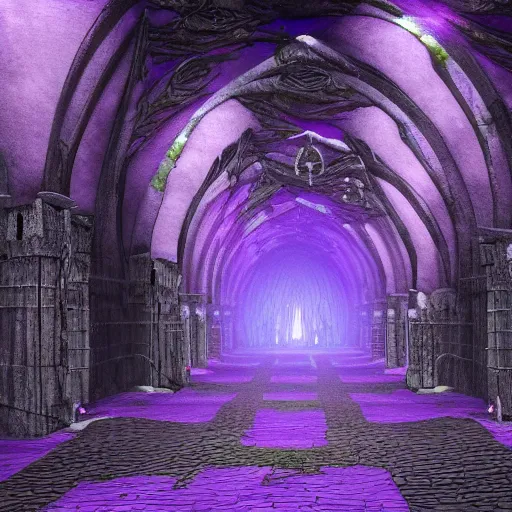 Image similar to underground fortified neo - gothic dark elf city, temples, fortresses, purple fey lights, underground black stone landscape, horrific, horror,