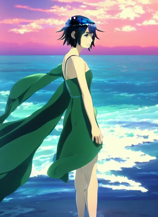 Image similar to makoto shinkai, ilya kuvshinov, beautiful kristen bell with green dress, very long blue hair, water powers water swirling, symmetrical face, symmetrical eyes, detailed, beach setting, cinematic lighting