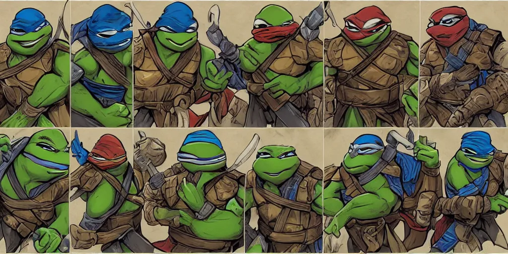 Image similar to medieval teenage mutant ninja turtles comics trending on artstation