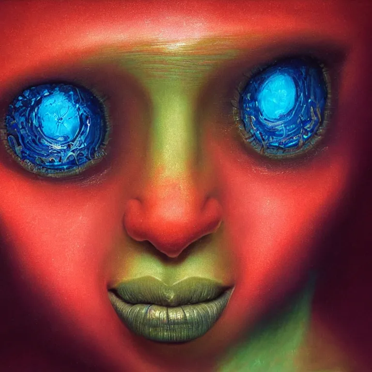 Prompt: Hyperrealistic intensely colored close up studio Photograph portrait of a deep sea bioluminescent Zendaya, symmetrical face realistic proportions eye contact golden eyes, Smiling in a coral reef underwater, award-winning portrait oil painting by Norman Rockwell and Zdzisław Beksiński vivid colors high contrast hyperrealism 8k