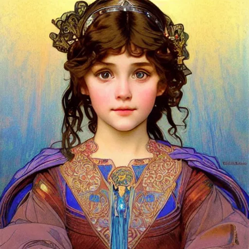 Image similar to a little girl with short wavy curly light brown hair and blue eyes, a space empress in byzantine style. beautiful highly detailed face, painting by ilya kuvshinov and alphonse mucha