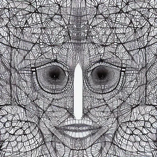 Prompt: Geometrically surreal Artificial Intelligence extremely high detail, photorealistic, intricate line drawings, dotart, album art in the style of James Jean