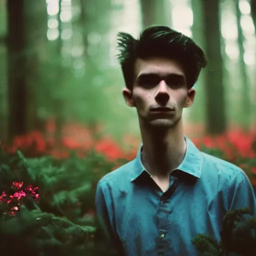 Image similar to close up kodak portra 4 0 0 photograph of a skinny guy standing in dark forest, face of flowers, moody lighting, telephoto, 9 0 s vibe, blurry background, vaporwave colors, faded!,