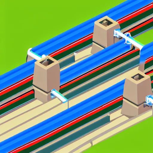 Prompt: isometric photo of cutely illustrated aqueducts waterslides and black matte conveyor belt rollers wide system are the main methods of transport in cannabis city cbd capital of australia