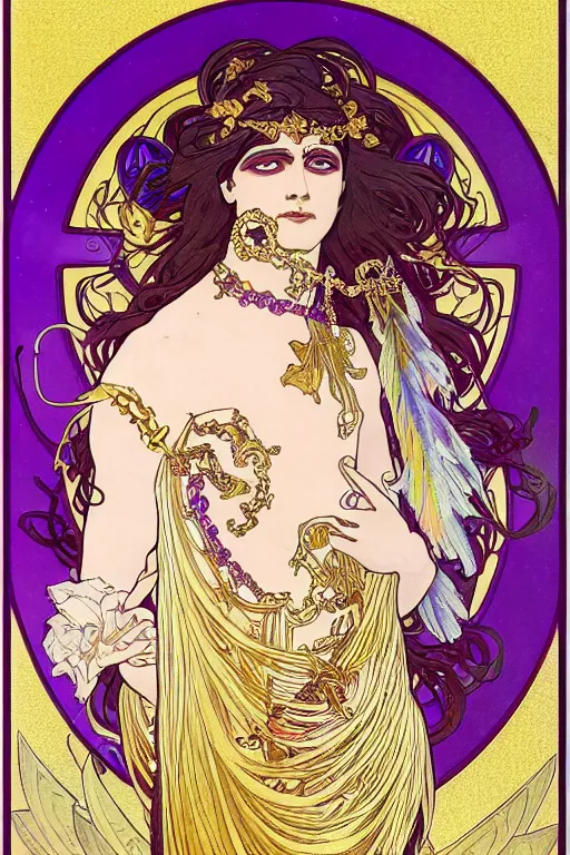 Image similar to thanatos, beautiful male god of death, closed eyes, long hair, wearing ornate silk and lace clothes, gold jewelry, moon, purple feathers, by Alphonse Mucha, rule of thirds, super detailed, 4k, sharp focus, illustration