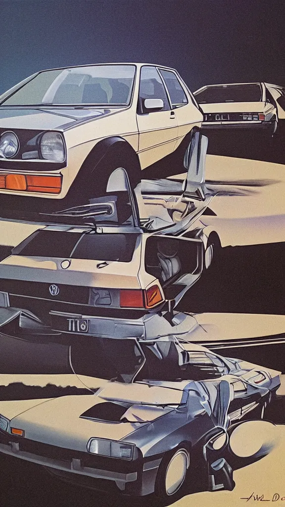 Prompt: 1 9 8 0 s airbrush surrealism illustration of a vw golf by don wieland