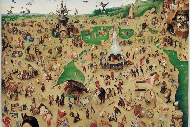 Prompt: an elaborate and dense painting of a kids road carpet map, detailed, made of alcohol ink on parchment and penned illustrations, by wes anderson and ( ( ( ( ( hieronymus bosch ) ) ) ) ) and geoff darrow!!!!!
