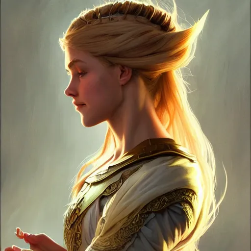 Image similar to an epic fantasy comic book style portrait painting of a young blonde girl thief, d & d, fantasy, joyful smirk, intricate, elegant, highly detailed, digital painting, artstation, concept art, matte, sharp focus, illustration, art by artgerm and greg rutkowski and alphonse mucha, 8 k