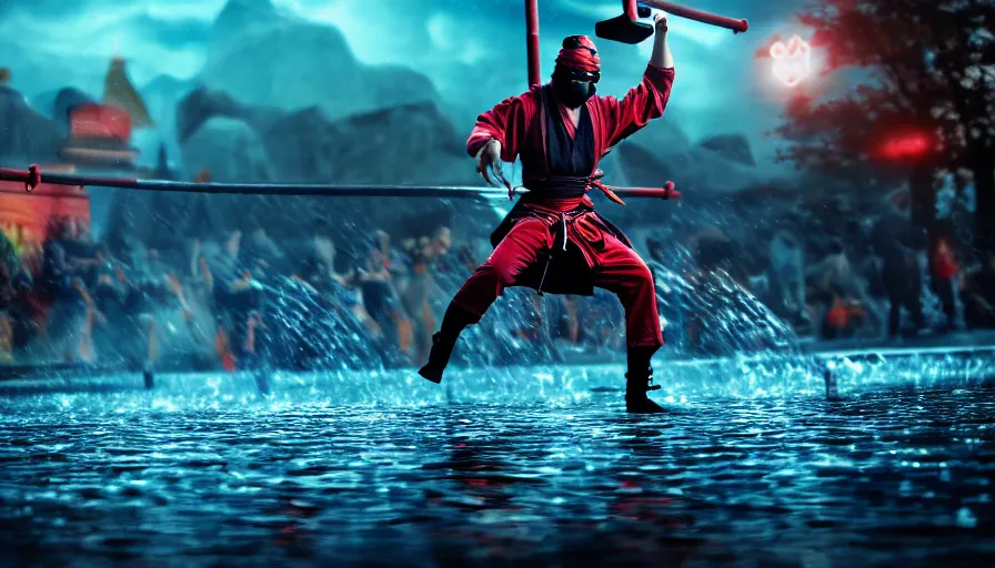 Samurai Ninja warrior in glowing lake, splashing water