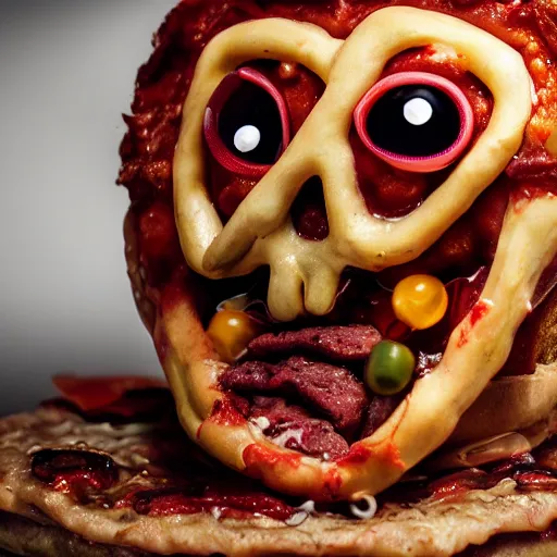 Image similar to a humanoid bipedal upright zombie that strongly resembles a hamburger, professional food photography