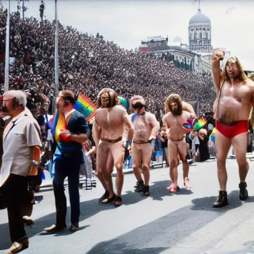 Image similar to putin in a pride parade lifted by large hairy men, film still, photography, high detail, 8 k, 4 k, focused