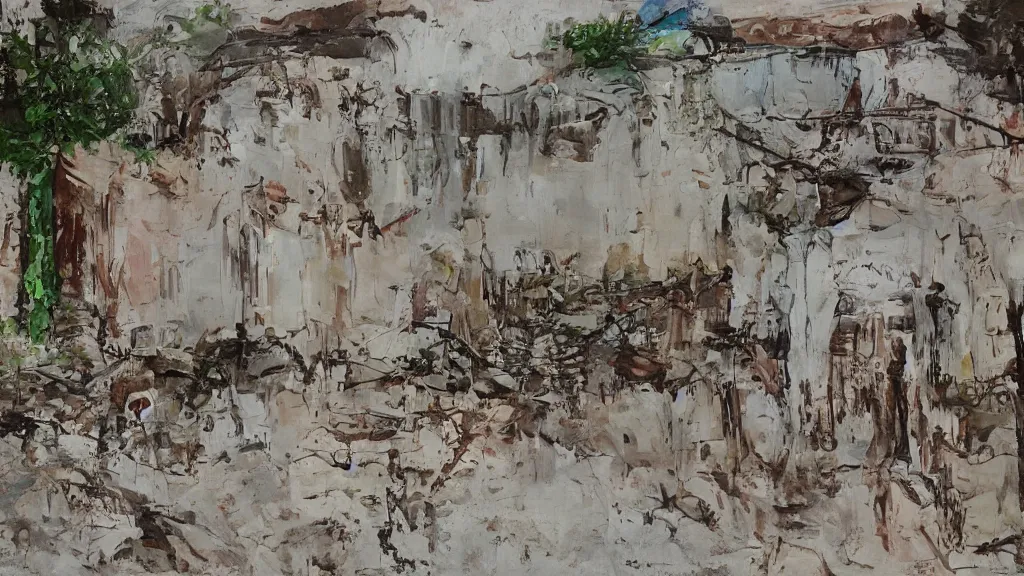 Image similar to a chinese prison near a river by peter doig, muted colors