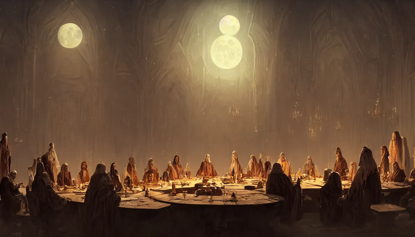 Prompt: A meeting of the council of elders, robed figures sat around a table, beautiful architecture, night time, stars visible, beautiful moon light, concept art, fantasy art, painted by Greg Rutkowski, trending on artstation, highly detailed, 8k