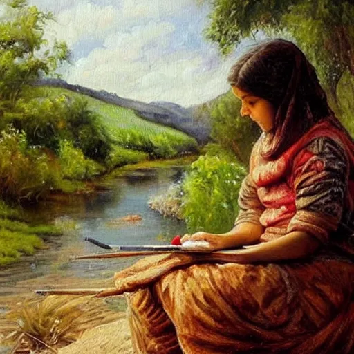 Image similar to beautiful painting by sophie anderson of a beautiful young kurdish girl painting by a river in a kurdish village, she is painting the river, award winning art, insanely detailed