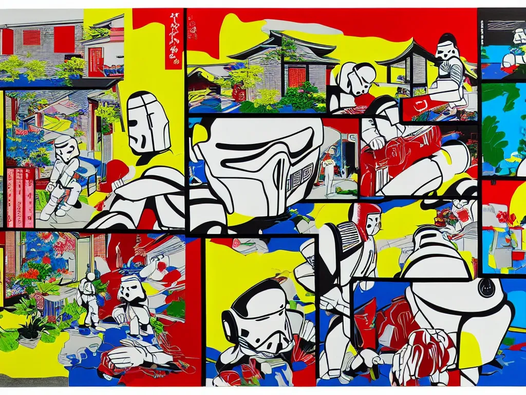 Image similar to hyperrealistic composition of the japanese home with a garden, stormtrooper in hot springs, pop - art style, jacky tsai style, andy warhol style, roy lichtenstein style, rich palette, acrylic on canvas