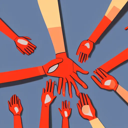 Image similar to a red person stylized is being indicated by many hands. curcular composition