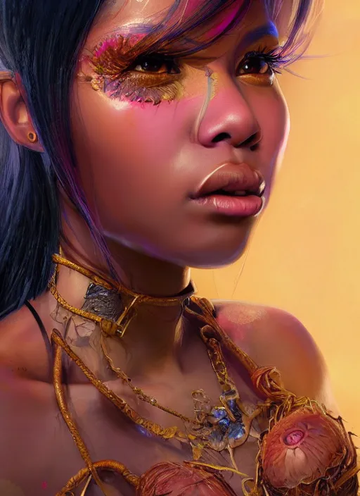 Image similar to nicki minaj, au naturel, hyper detailed, digital art, trending in artstation, cinematic lighting, studio quality, smooth render, unreal engine 5 rendered, octane rendered, art style by klimt and nixeu and ian sprigger and wlop and krenz cushart