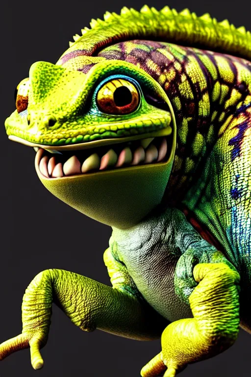 Image similar to high quality 3 d render hyperrealist very cute happy chameleon wearing armor, vray smooth, detective pikachu, very dramatic light, low angle, uhd 8 k, shallow depth or field