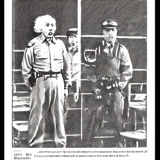 Prompt: halftone journal print of einstein being arrested.