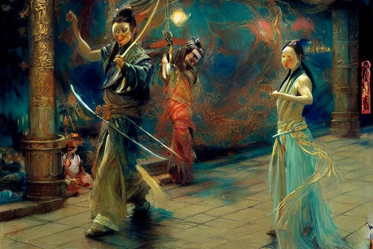 Prompt: wuxia, neon light, painting by gaston bussiere, craig mullins, j. c. leyendecker