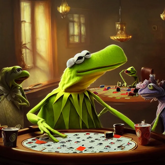 Prompt: kermit playing poker, cinematic, floral shirt, elegant, highly detailed, digital painting, artstation, smooth, hard focus, illustration, art by jessica rossier and and brian froud