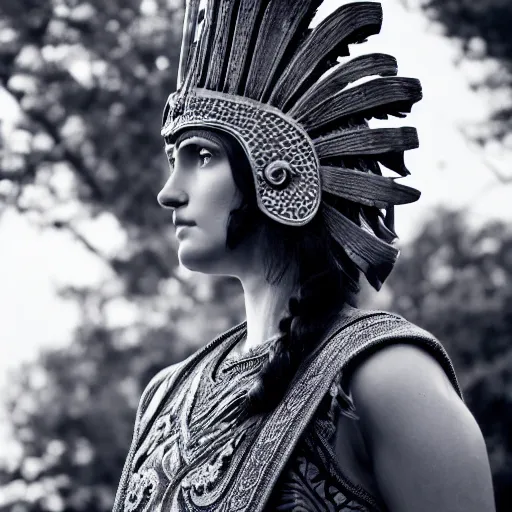 Prompt: a beautiful medium shot of a beautiful model looking of into the distance, wearing an antique spartan helmet, wearing an ancien greek white tunic with bleu patterns, beautiful natural backlit light failing on her face, golden hour, by annie leibowitz