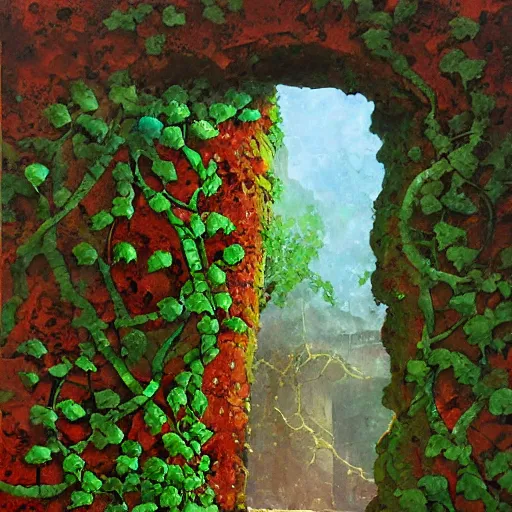 Prompt: colorful marc simonetti impasto!! acrylic painting of the granite gateway of a forgotten civilization. vines and creepers, stone etchings