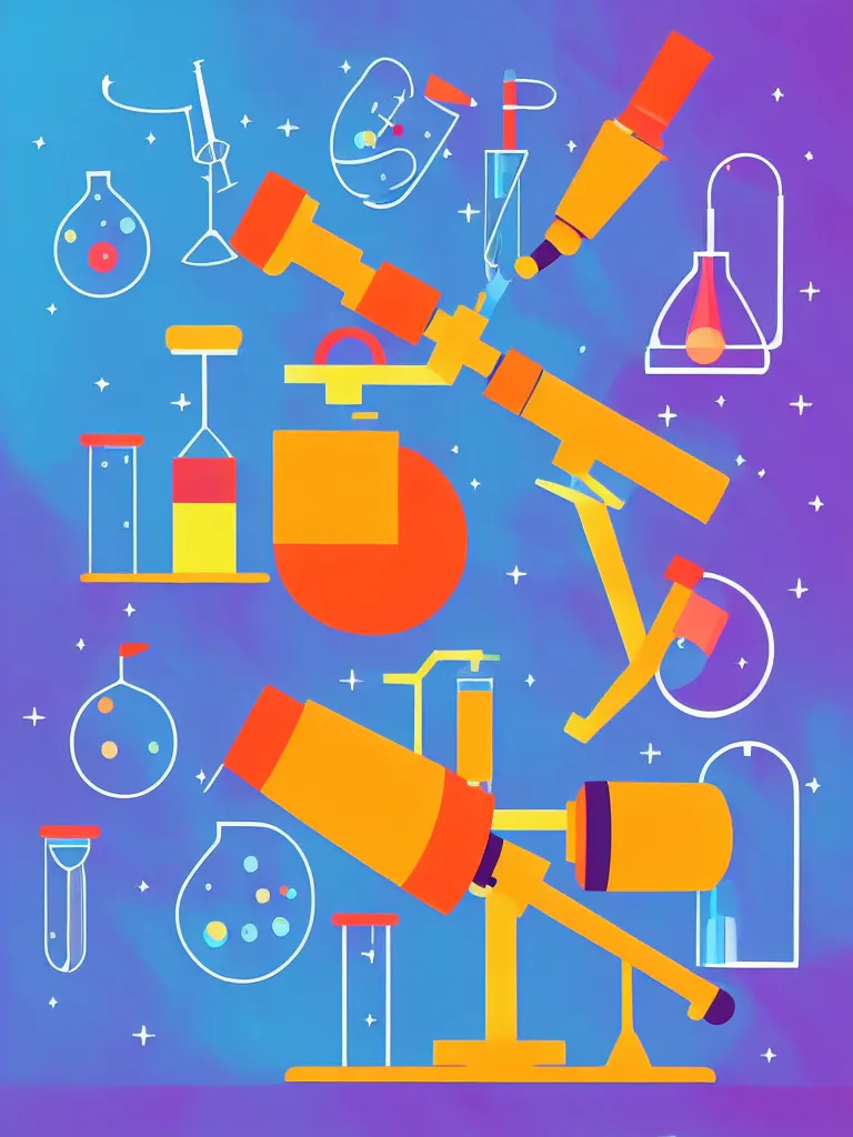 Image similar to editorial illustration scientific lab test tube telescope microscope spaceship, colorful modern, mads berg