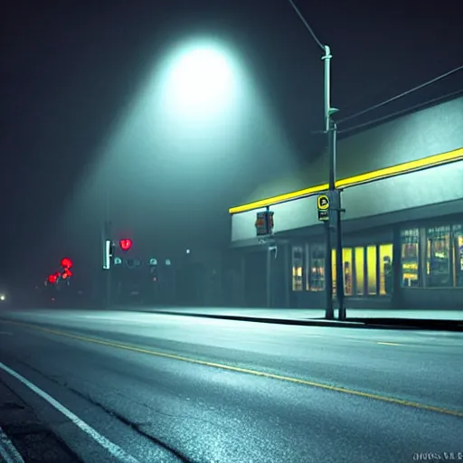 Image similar to A stunningly beautiful award-winning down angle 8K high angle cinematic movie photograph of a dark foggy main intersection in an abandoned 1950s small town at night, by Edward Hopper and David Fincher and Darius Khonji, cinematic lighting, perfect composition, moody low key volumetric light. Color palette from Seven, greens yellows and reds. 2 point perspective, high angle from 15 feet off the ground. Octane render, cgsociety