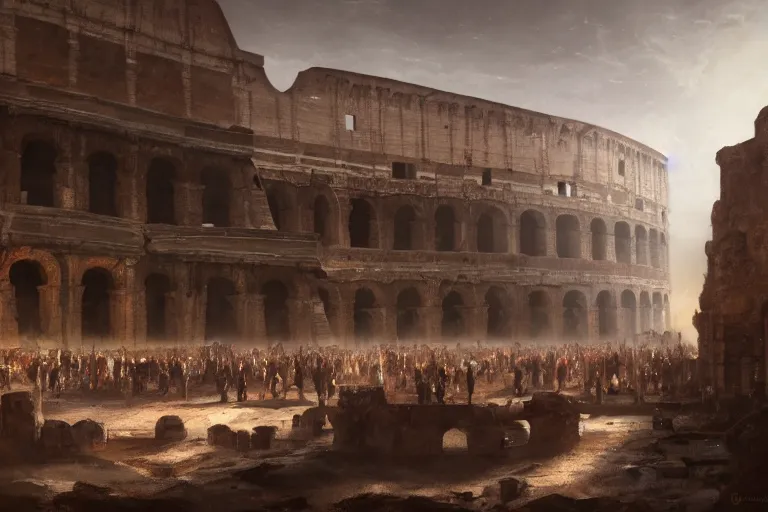 Prompt: Colosseum interior in the 1700s with two fighters in the middle and crowds cheering in yemen by greg rutkowski and Craig Mullins, Dark atmospheric sad and cinematic lighting, Trending on artstation