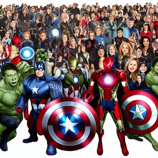 Prompt: The Avengers group photo, layered paper style
