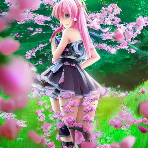 Image similar to 3d rendered anime girl with cherry blossoms as clothing in a flower garden, fantasy art, hyper realistic, detailed, ultra detailed, dynamic lighting, fantasy concept art