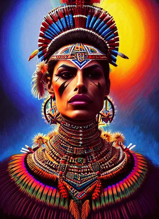 Prompt: portrait of eva mendes, hyper detailed ultra sharp aztec shaman warrior. trending on artstation, warpaint aesthetic, bloodwave, colorful, psychedelic, ornate, intricate, digital painting, concept art, smooth, sharp focus, illustration, art by artgerm and greg rutkowski and h. r. giger, 8 k