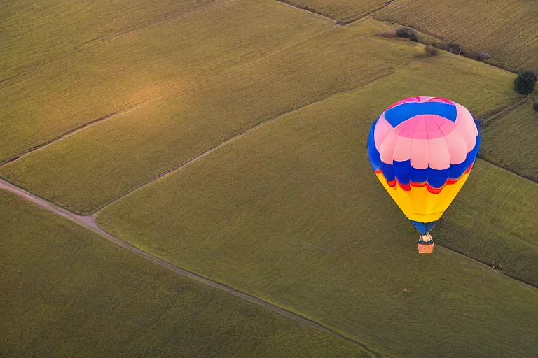 Prompt: aerial photography, scotland, hot air balloon shaped like a hamburger, dusk