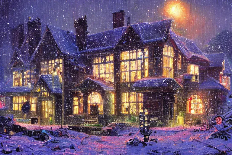 Image similar to cyberpunk, winter in the snow, Christmas lights, external view of a 5 bedroom detached cyberpunk house in the UK, by Paul Lehr