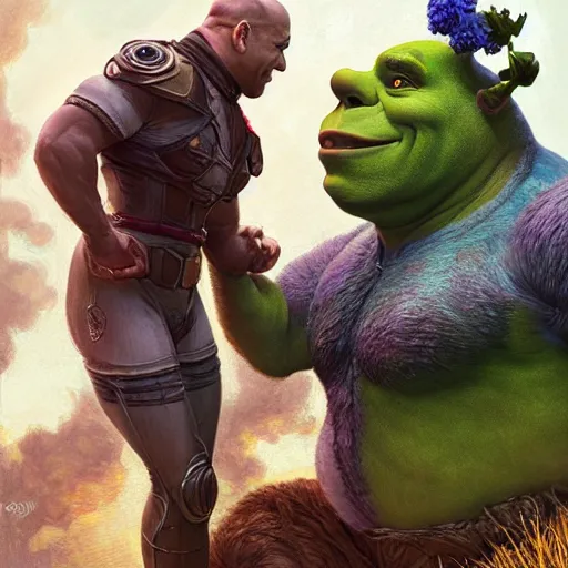 Prompt: Vin Diesel Shakes hands with Shrek, intricate, stunning, highly detailed, digital painting, artstation, concept art, smooth, sharp, focus, illustration, art by artgerm and greg rutkowski and alphonse mucha