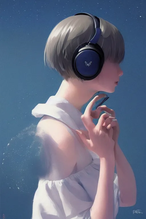 Prompt: a cute young woman listening to music with her eyes closed and wearing headphones by Range Murata, white bob cut hair, freckles, dark thunderclouds in the backround, blue filter, blue and white, vivid colors, soft lighting, cinematic, moody, nier automata, poster, oil on canvas, by Ilya Kuvshinov, by Krenz Cushart, 8k