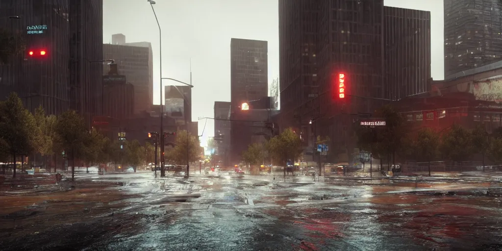 Prompt: capitalist realism seizes downtown denver with heavy rain, cinematic, ultra - realistic, ultra - detailed, octane render, unreal engine 5, depth of field