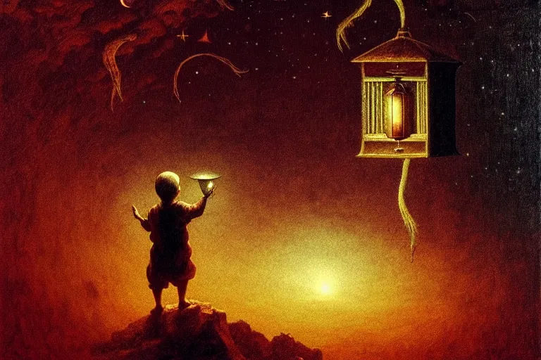 Image similar to fantasy scene of the kid holding a lantern and looking at the stars - dimensional window, in the style of beksinski, intricate and epic composition, white by caravaggio, insanely quality, highly detailed, masterpiece, white light, artstation, 4 k