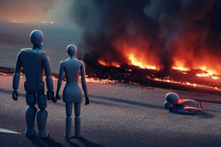 Image similar to vfx film closeup, dead robot couple on the ground holding hands, city street tire tracks fire. flat color profile low - key lighting award winning photography arri alexa cinematography, hyper real photorealistic cinematic atmospheric cool colorgrade