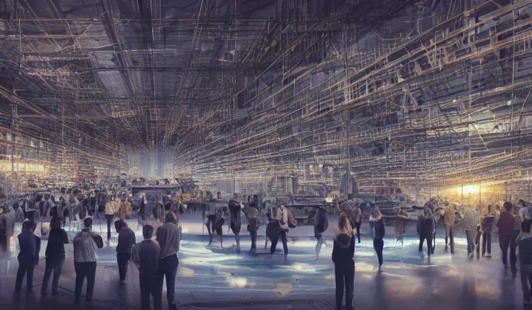 Prompt: large group people in open warehouse, looking at hologram of futuristic city on a table, cinematic concept art, godrays, golden hour, natural sunlight, 4 k, clear details, tabletop model buildings, center model buildings, hologram center, crane shot, crane shot, crane shot, godrays