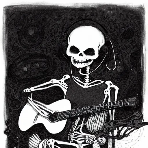 Image similar to skeleton wearing headphones, watching girl playing guitar while her black cat standing next to her, detailed intricate ink illustration, dark atmosphere, detailed illustration, hd, 4k, digital art, overdetailed art, by greg rutkowski, by loish, complementing colors, Trending on artstation