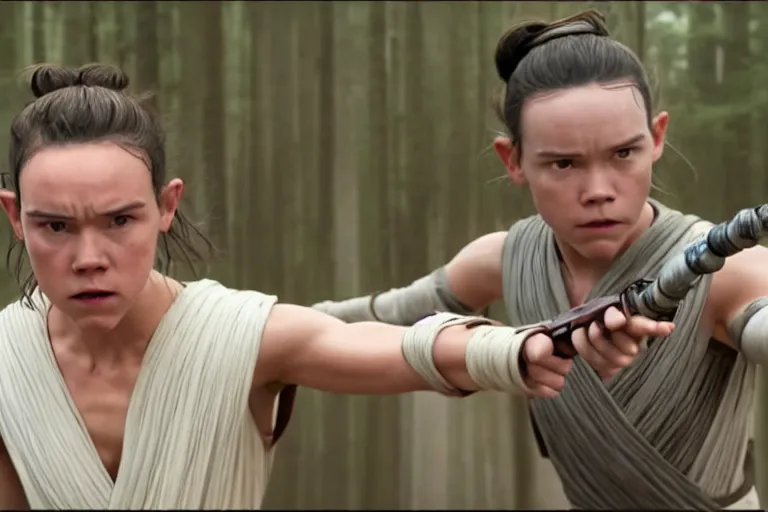 Image similar to Star Wars, Rey Skywalker trains Finn to be come a jedi after the events of the rise of skywalker ultra realistic, 4K, movie still, UHD, sharp, detailed, cinematic