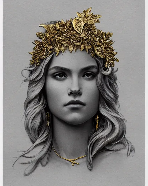 Image similar to front view of beautiful aphrodite greek goddess wearing a gold laurel wreath and triangle earrings, realism tattoo sketch, beautiful piercing eyes with sharp pupils, beautiful blonde hair, in the style of greg rutkowski, fantasy, amazing detail, epic, elegant, smooth, sharp focus