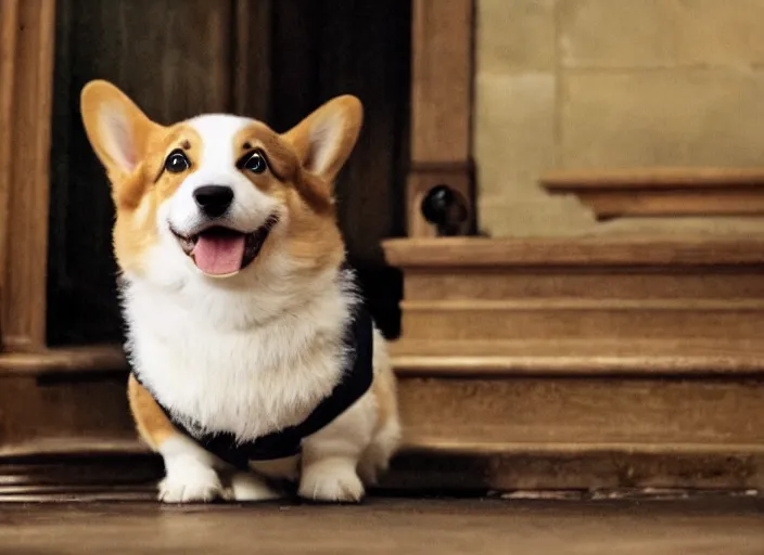 Prompt: film still if a cute corgi as sherlock holmes in the new sherlock holmes movie, 8 k