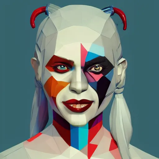 Prompt: digital art, low poly 3d render of Harley Quinn but she's a beautiful ape kid with long pony tails on either side of her head, illustration, by James Jean, artgerm, octane render, by John Coltrane and Marc Simonetti, Manic, graffiti, kinemacolor, colorful, high detail of the face