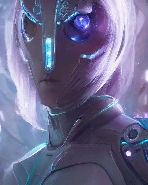 Image similar to perfect android girl on a mothership, warframe armor, beautiful face, scifi, futuristic, galaxy, nebula, raytracing, dreamy, long white hair, blue cyborg eyes, sharp focus, cinematic lighting, highly detailed, artstation, divine, by gauthier leblanc, kazuya takahashi, huifeng huang