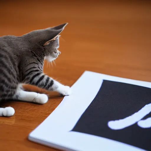 Image similar to a photo of a cat writing the word meow on a notepad